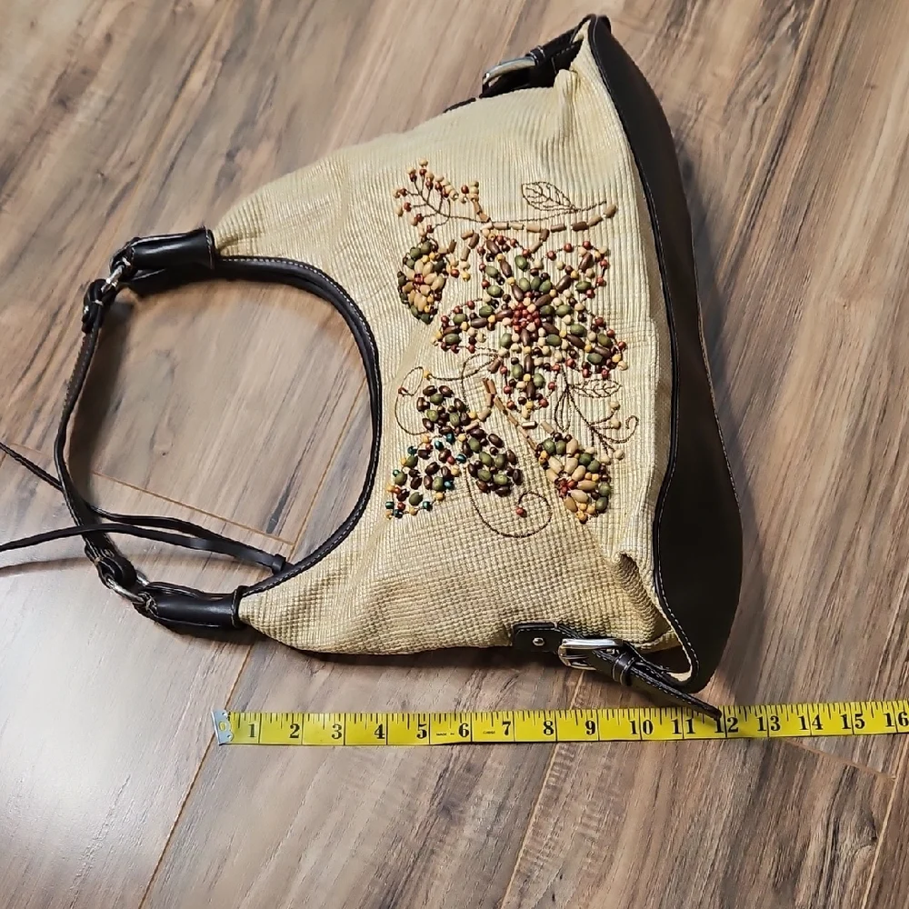 Worthington Vintage Wood Beaded Embroidered Floral Beige Hobo Handbag